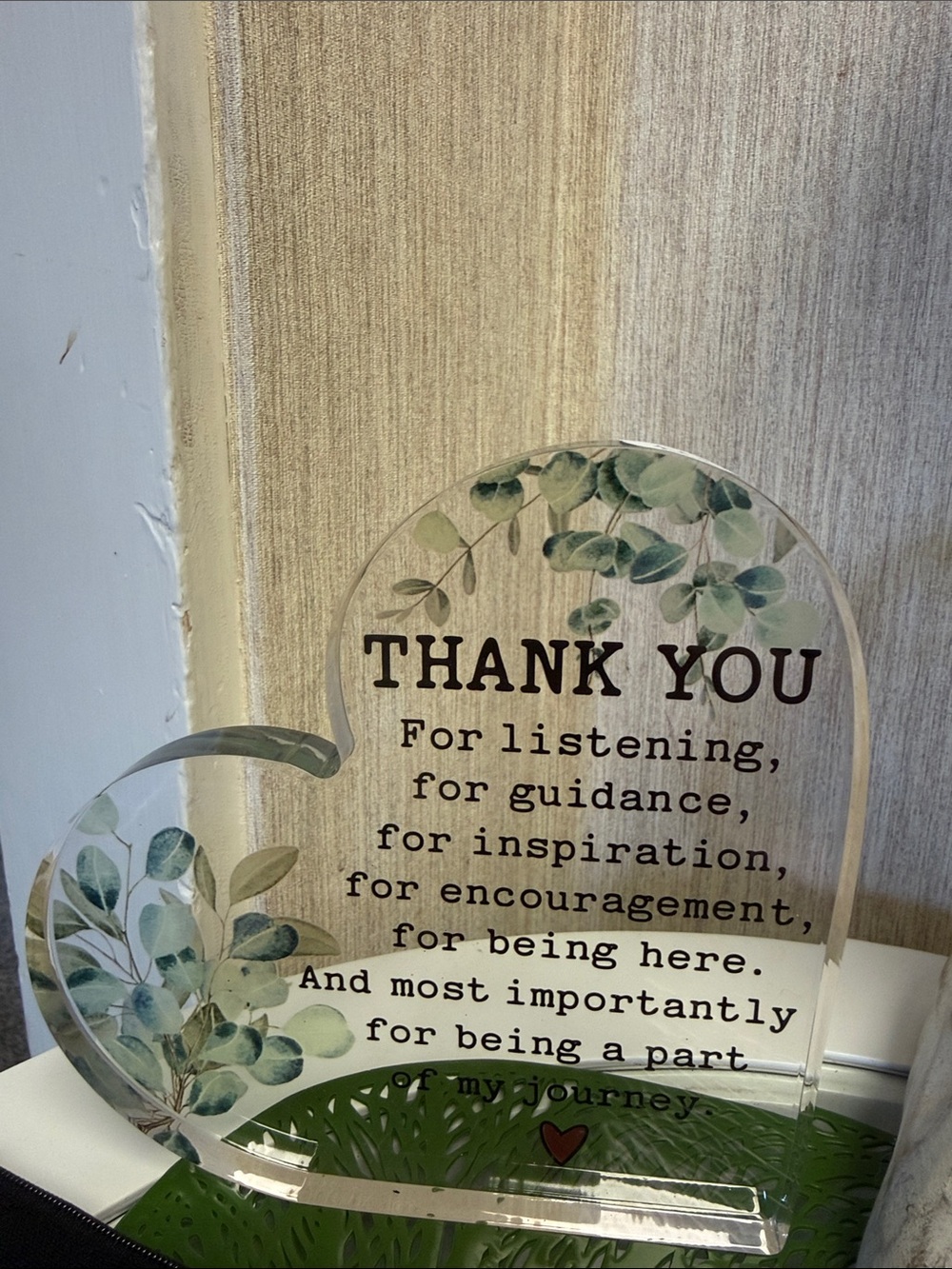 Clear Acrylic Heart Plaque "Thank You" with Green Leaf Design